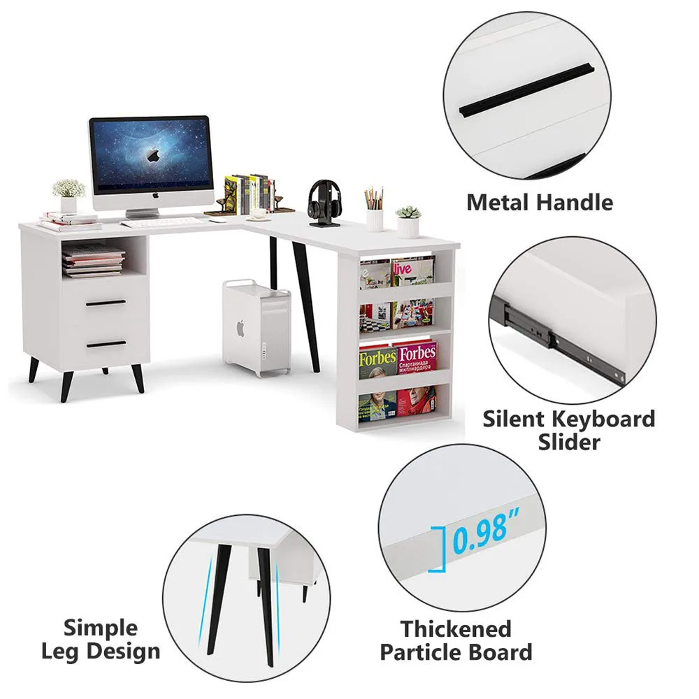 Elegant Modern Design L-Shaped Wood White Office Desks Computer Table with Drawer Open Storage