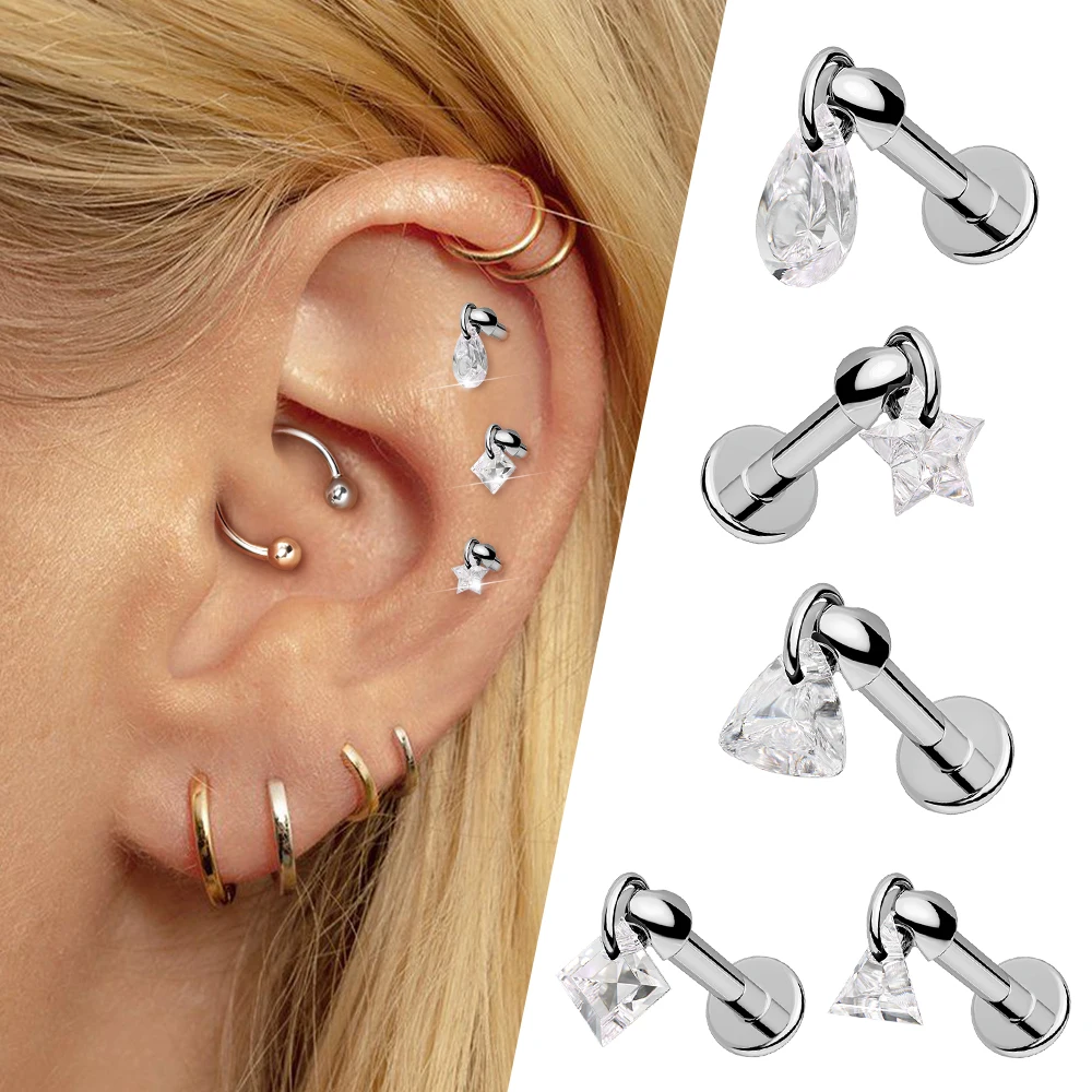 F136 Titanium piercing earrings CZ internal threaded piercing earrings tragus cartilage flat back earring stud Body jewelry