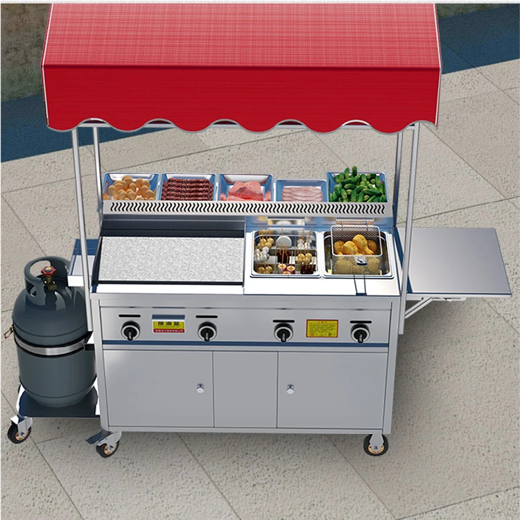 French Fries cart Mobile Gas Food Stall Cart Grill and 2 Fryers food cart for Fried chicken