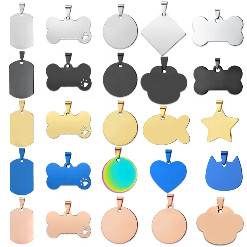 Classic stainless steel pet tag collection round square claw bone heart shield cat head hexagon pentagon fish blank engraved tag