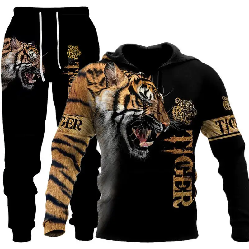 Hot selling 2024 European and American cross-border suit 3D digital printing animal lion men and women hoodie sweater and pants