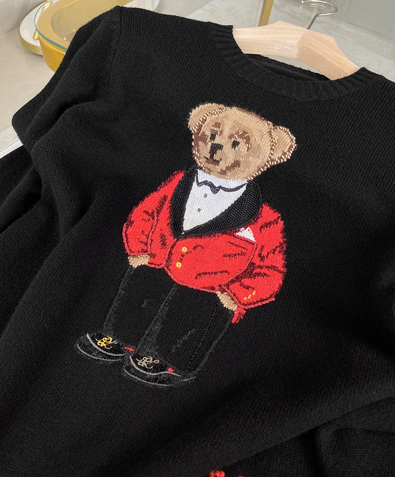 Women British Style Jacquard Knit Gentleman Bear Black Cashmere Sweater