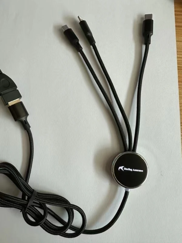 Быстрый настраиваемый лазерный светящийся Логотип черный длинный USB-кабель 3-в-1 для передачи данных рекламные деловые подарки зарядный кабель