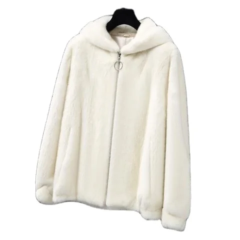 Classic autumn real fur coat white warm soft fur luxury hooded fur coat women mink