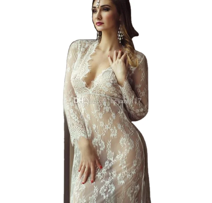 Ms. Sexy deep v-neck long-sleeve see-through lace tight connect dress skirt