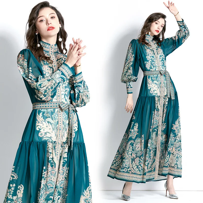 Islamic Clothing Women Standing Neck Robes Lantern Sleeve Lace Up Printed Long Sleeved Muslim Women Dress Dubai Abaya