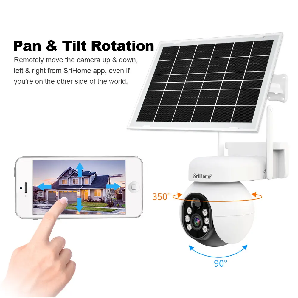 SriHome 7W Solar Panel 4MP Solar CCTV PTZ Camera Outdoor Wireless Security Battery Power Support 4G LTE mobile netw