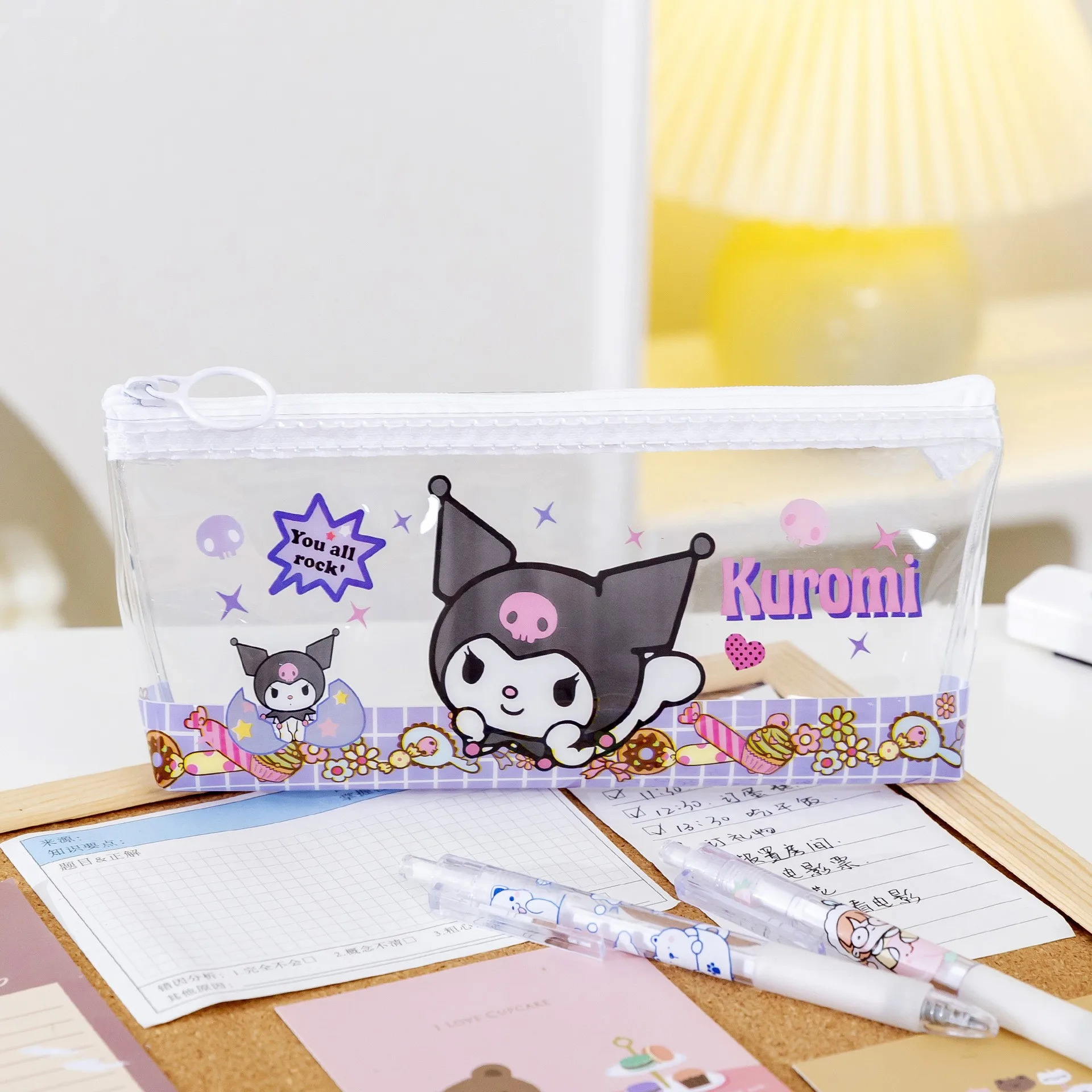 Cartoon Transparent Student Stationery Bag Ring Zipper Pen Bag Large Capacity Bag