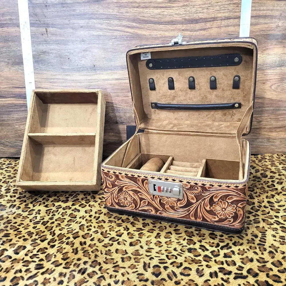 New Arrival Spacious Secured Western Style Large Tooled Leather Jewelry Box for Export Selling Available at Inexpensive Price