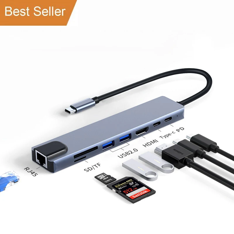 Europe 7 8 in 1 USB C Docking Station Hub otg adapter splitter With RJ45 100M 1000Mb 4K 30hz 60hz SD TF PD For macbook laptop pc