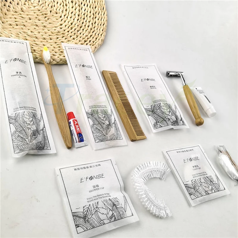 Custom Luxury OEM 5 Star Disposable Biodegradable Eco Friendly Guest Toiletries Kit Accessories Set for Bathroom Hotel Amenities