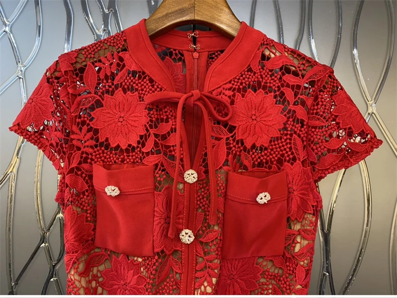 Top Quality New 2023 Spring Dress Women Bow Collar Crochet Lace Embroidery Beading Deco Short Sleeve Mid-Calf Length Red Dress