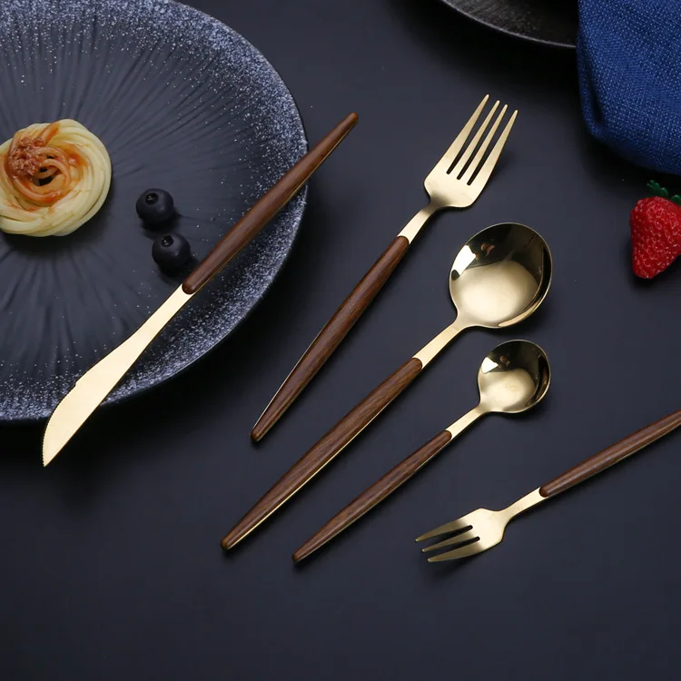 Flatware Spoon Fork Knife Stainless Steel Wooden Plating Handle Cutlery Set