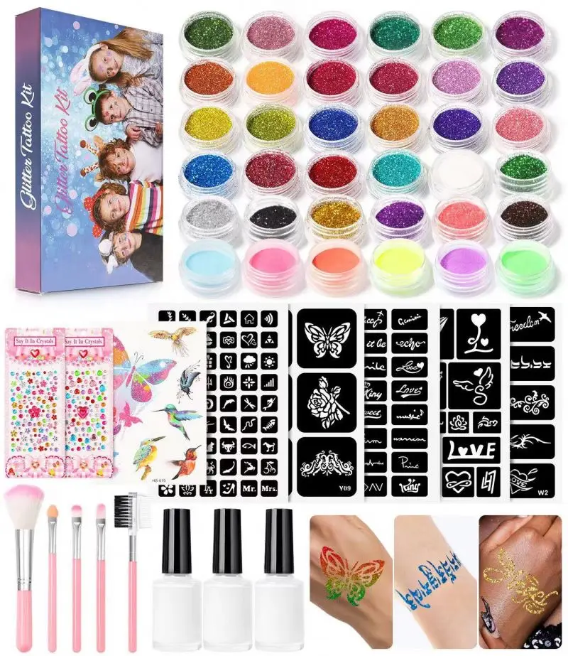 DIY Temporary Glitter Tattoos Kit for Kids 24 Glitter Colors Stencil Stickers Temporary Tattoo Toys