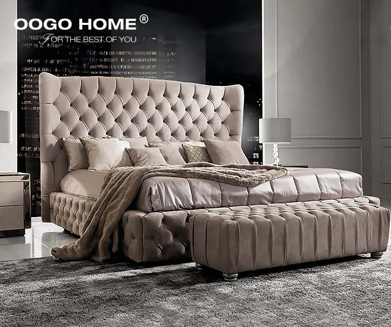 
Luxury Modern Simple Frame Solid Wooden Double King Size Bed Room Furniture Leather Bed 