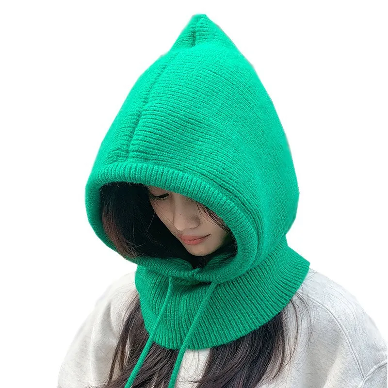 Acrylic Plain Solid Color Crochet Hooded Scarf Mask Balaclava Hat Winter Knitted Balaclava