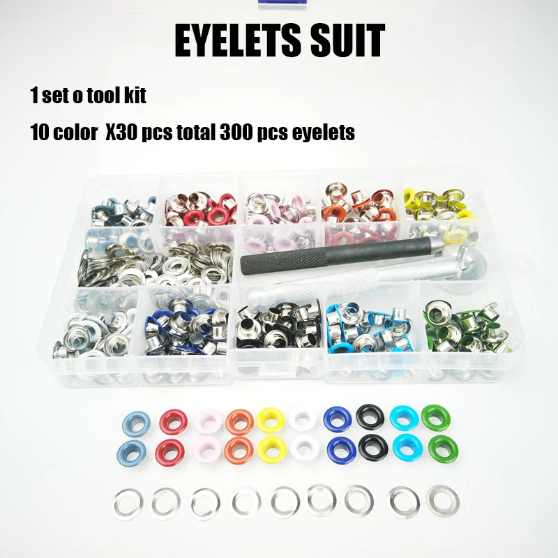 DIY Tool Eyelet Setter Kit Grommet Repair Punch Kit Grommet Installation Tool Kit 10 color 300 pcs set and  size 5mm eyelet