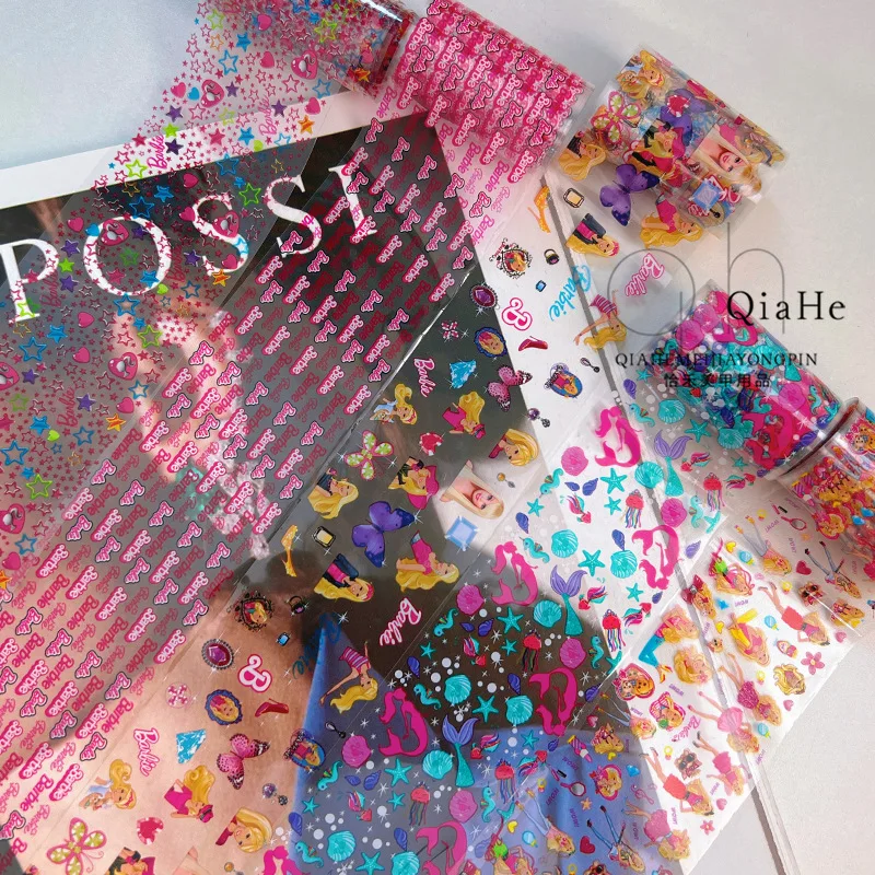 1 Box Fashion Doll Nail Stickers Cute Girls Pink 3D Laser Gradient Nail Transfer Foil Paper Sticker Ornaments Accessories Gifts