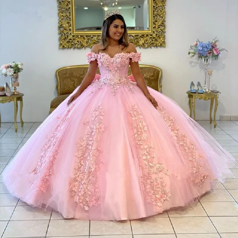 QD1546 vestido de 15 anos Light Pink Ball Gown Quinceanera Dress Lace Flowers Sweet 16 Dress Pageant Gowns with Big Bow