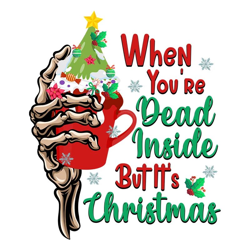 Skeleton Hand Hold Christmas Tree Custom DTF Plastisol Iron On Printed Designs Heated Pressed For T Shirts