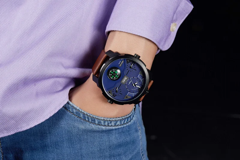 Oulm Fashion Big Dial Man Wrist Watch Men Military Dual Time Zone Casual Leather Watch Male Clock Relogio Masculino
