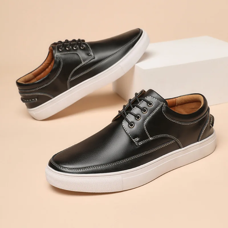 Fashion Trendy Design Non-slip Office Black Flats Footwear Lace Up Casual Dress Shoes Genuine Leather Sneakers Walking Men Shoes
