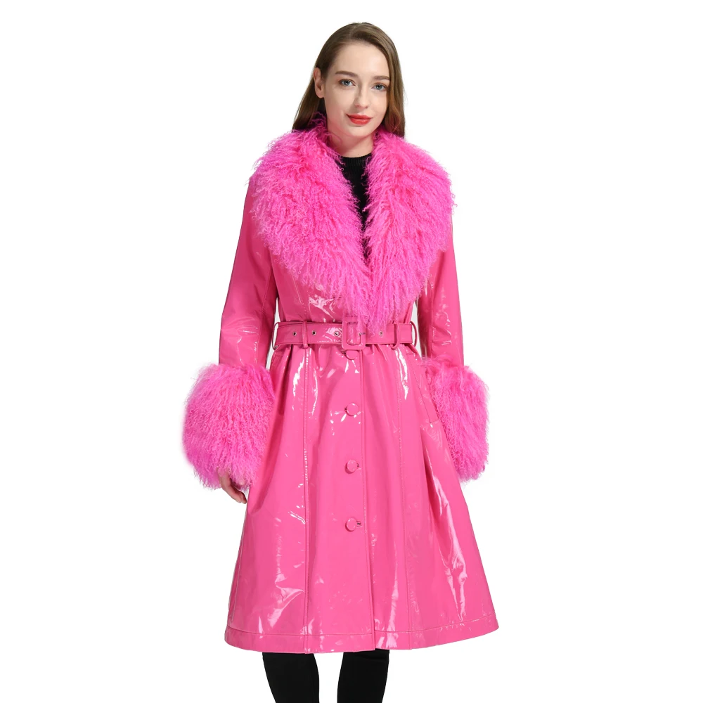 Factory Wholesale Winter Real Sheepskin Leather Coats With Mongolian Fur Collar And Cuffs Long Genuine Leather Jackets Woman