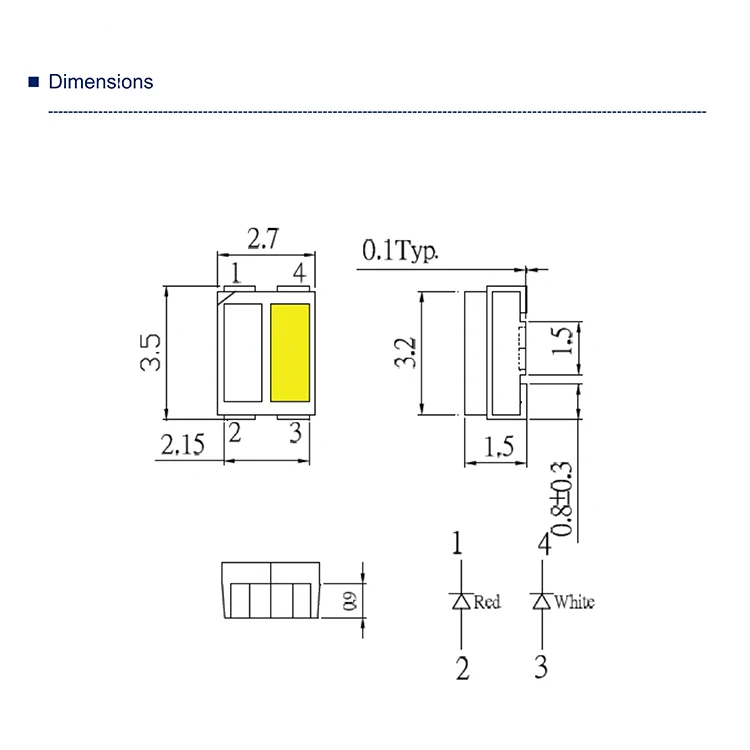 AIGaInP Chip Bi-color Led Diodes 3527 Red And White 2 In 1 Smd Led Chip
