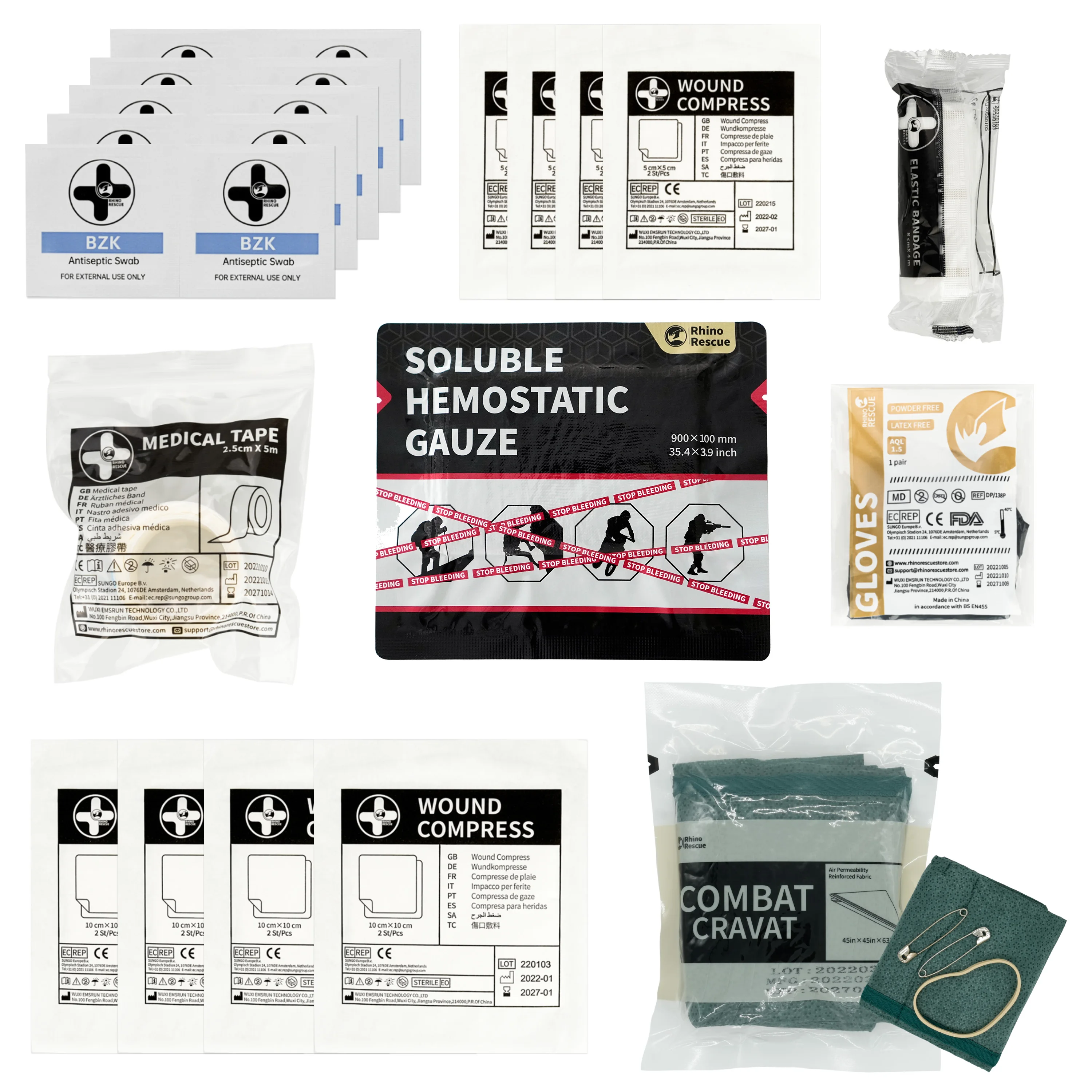 RHINO Rescue HEMOSTATIC Gauze KIT CE Wound Closure Device Sterile Strip for Quick Clotting,stop Bleeding Gauze,combat Gauze