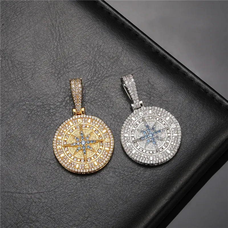 Hip Hop Bling Brass Iced Out Compass Pendant Gold Silver Color Cubic Zirconia Compass Pendant