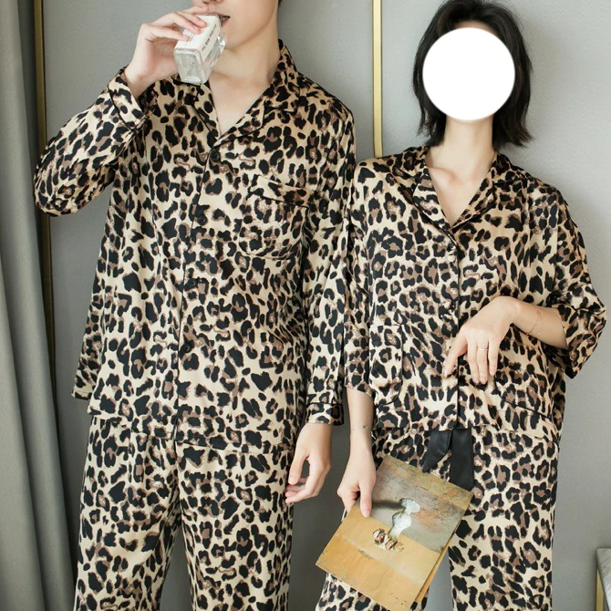 2023 New Silk Sleepwear Pajamas Set Silk Sleepwear Women 2PCS Men Leopard Print Solid Silk like Satin Pajamas