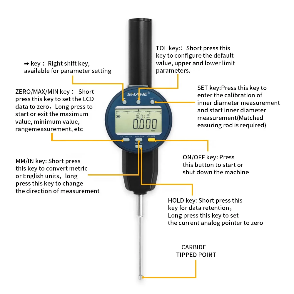 SHAHE NEW Metric/Inch 0-50.8 mm 0.001mm Electronic Indicator with Rechargeable Battery Waterproof Digital Dial Indicator