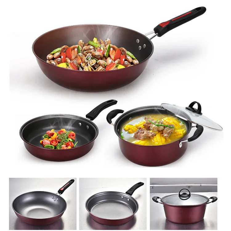 Fine iron non stick kitchen gift pot, flat bottom frying pan 3pcs set of non stick pots Hot Sell Frying Cookware Non Stick