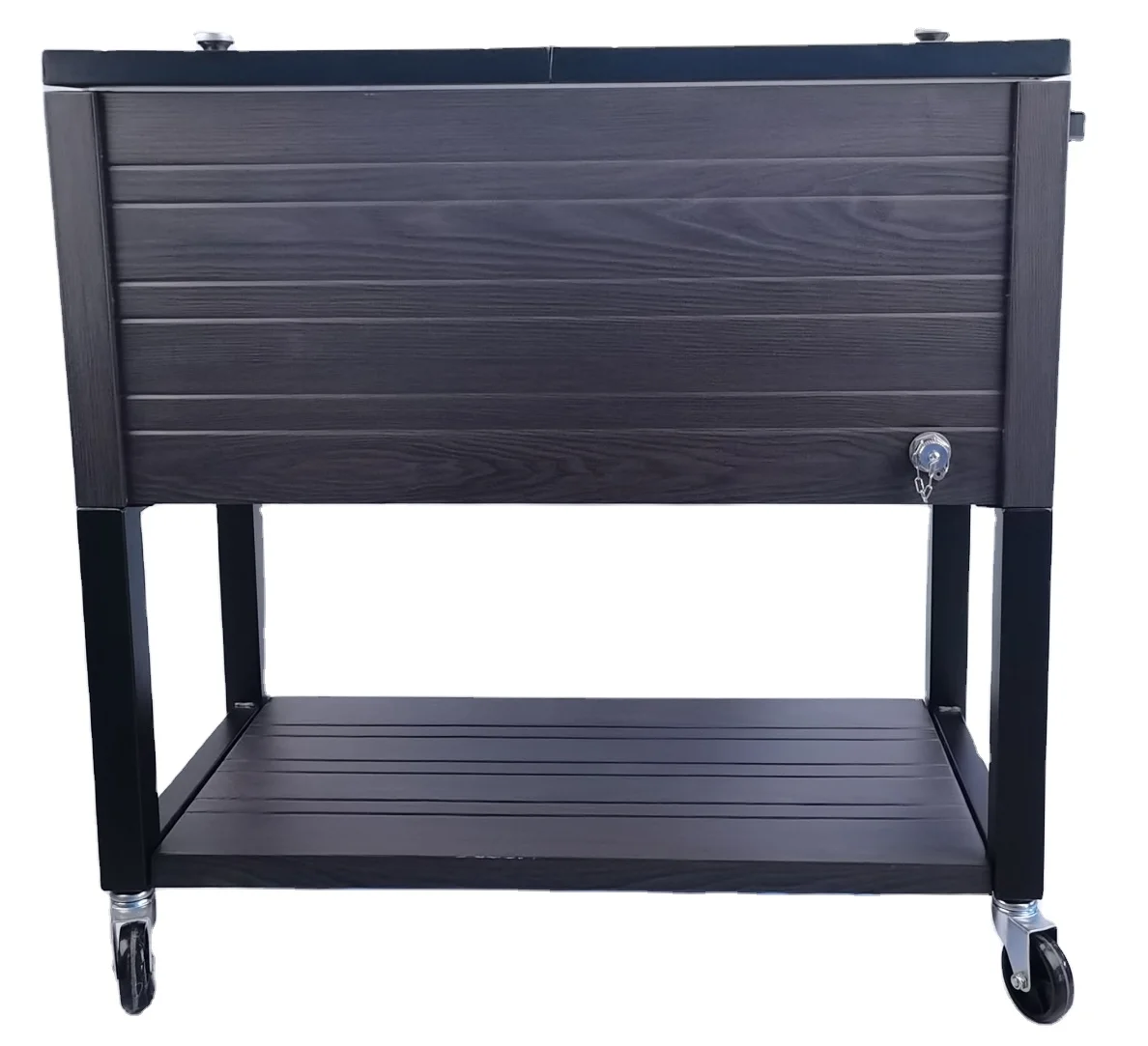 Amazon Top Modern Industrial Style Good Efficiency Custom Brand Logo  60L Metal Ice Cooler Box Ice Trolley with wooden grain