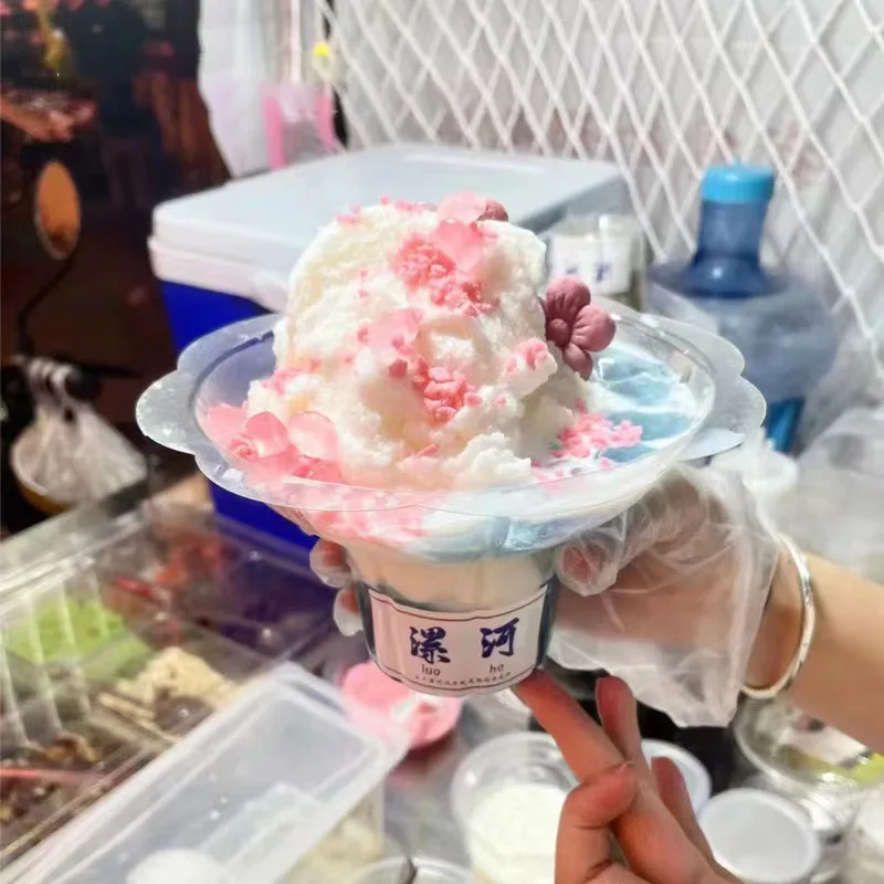 Summer Hot Selling Shaved Ice Slushy Bowl PET Transparent Ice Cream Dessert Snow Cone Shave Ice Flower Cup With Lids