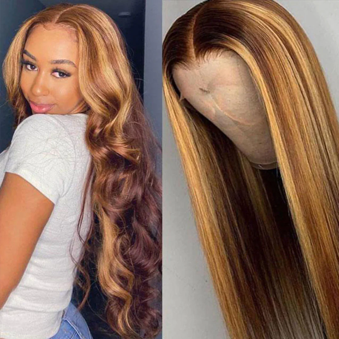 Honey Blonde Caramel Balayage Highlight Body Wave 13x4 Lace Front Wig 4x4 Lace Closure Human Hair Wig