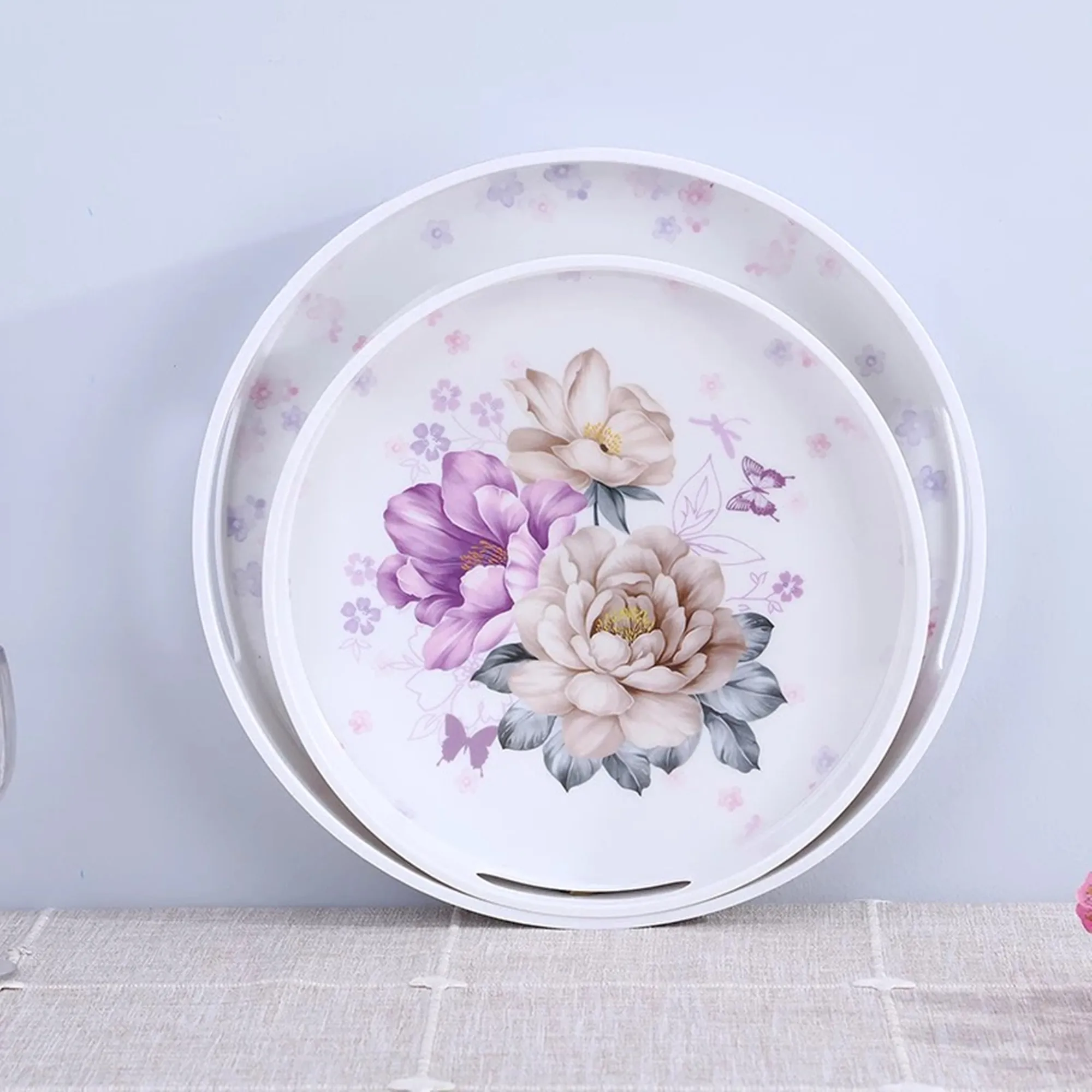 
OEM Service Creative Healthy High Quality Melamine Decorative Serving Round Tray with Handles 