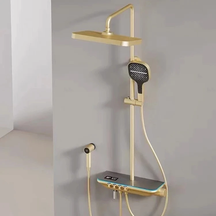 Olife Banos  new design bathroom thermostat gold gunmetal white color  led light big shelf piano key shower faucet system set