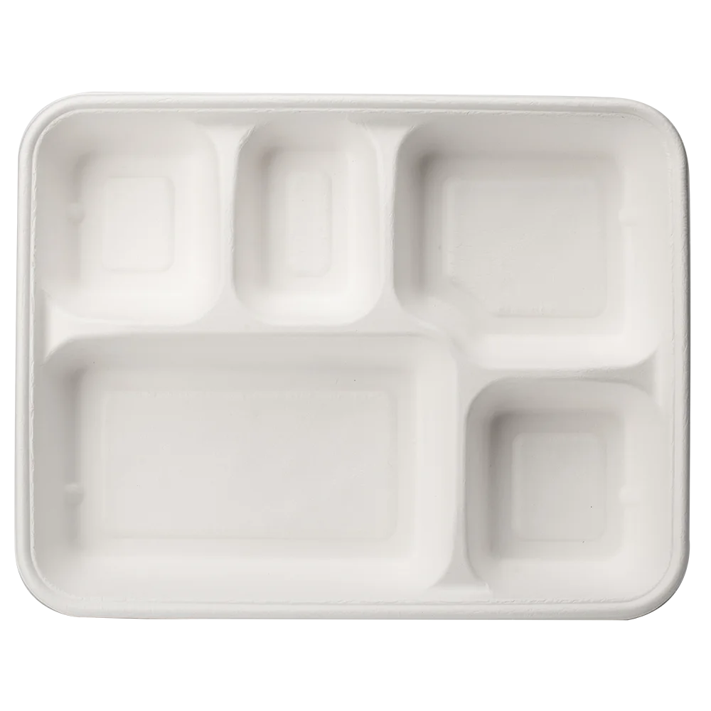 5 Compartment Biodegradable Sugarcane Bagasse Pulp Molding Disposable Food Takeaway Packaging Trays