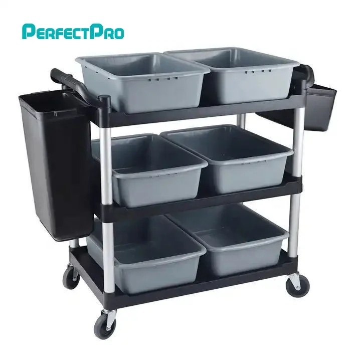 3 Layers Plastic Heavy Duty Useful Trolley Cart With 4 Wheels For Restaurant Hotel Service