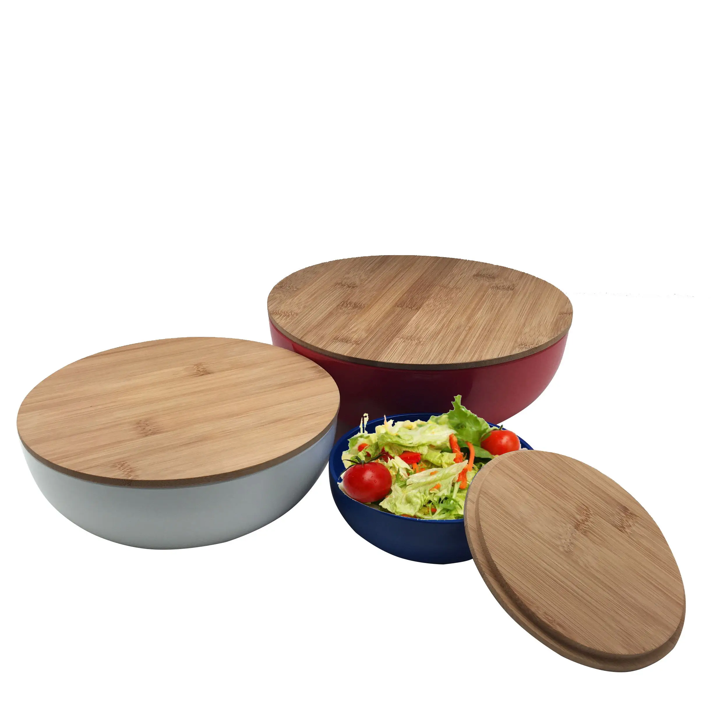 
three-piece set of melamine mixing bowls in salad bowls with bamboo LIDS 