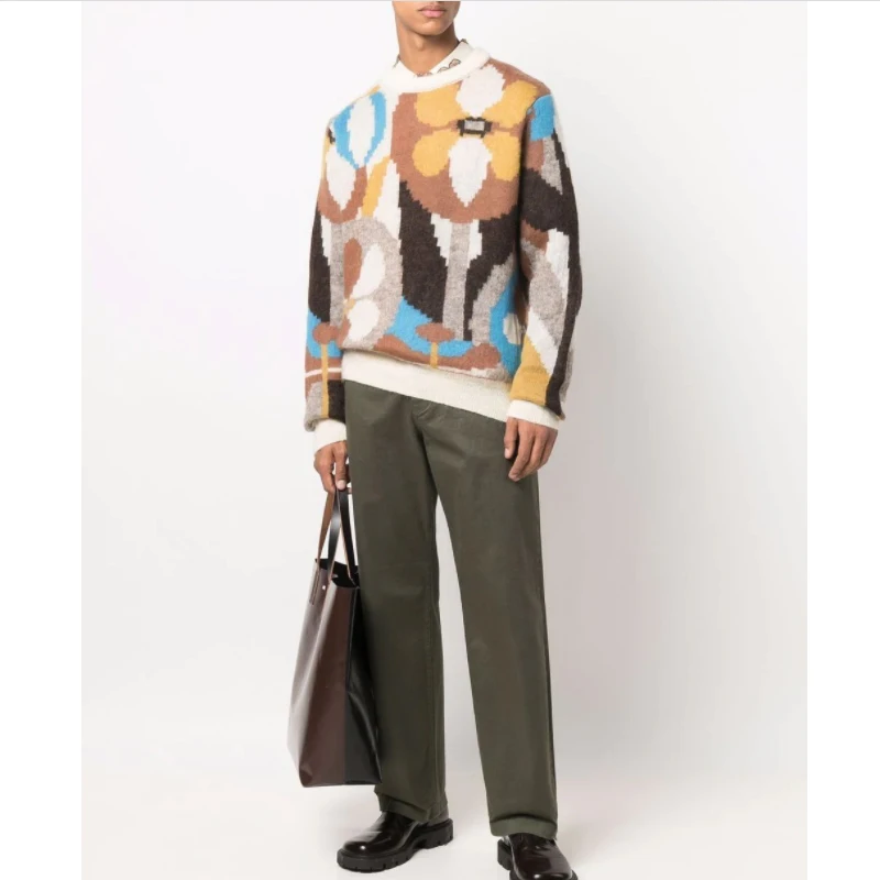 Custom sweater Floral jacquard knitted jumper High-quality fashion crew neck mohair sweater men