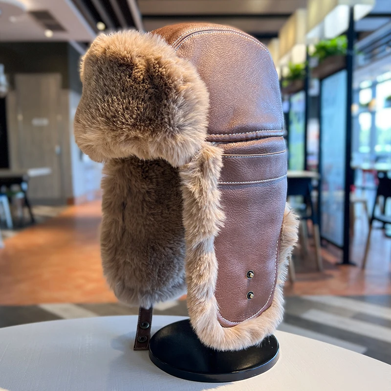 Wholesale Fashion Winter Thicken Warm Plush PU Leather Trooper Hats With Ear Flaps