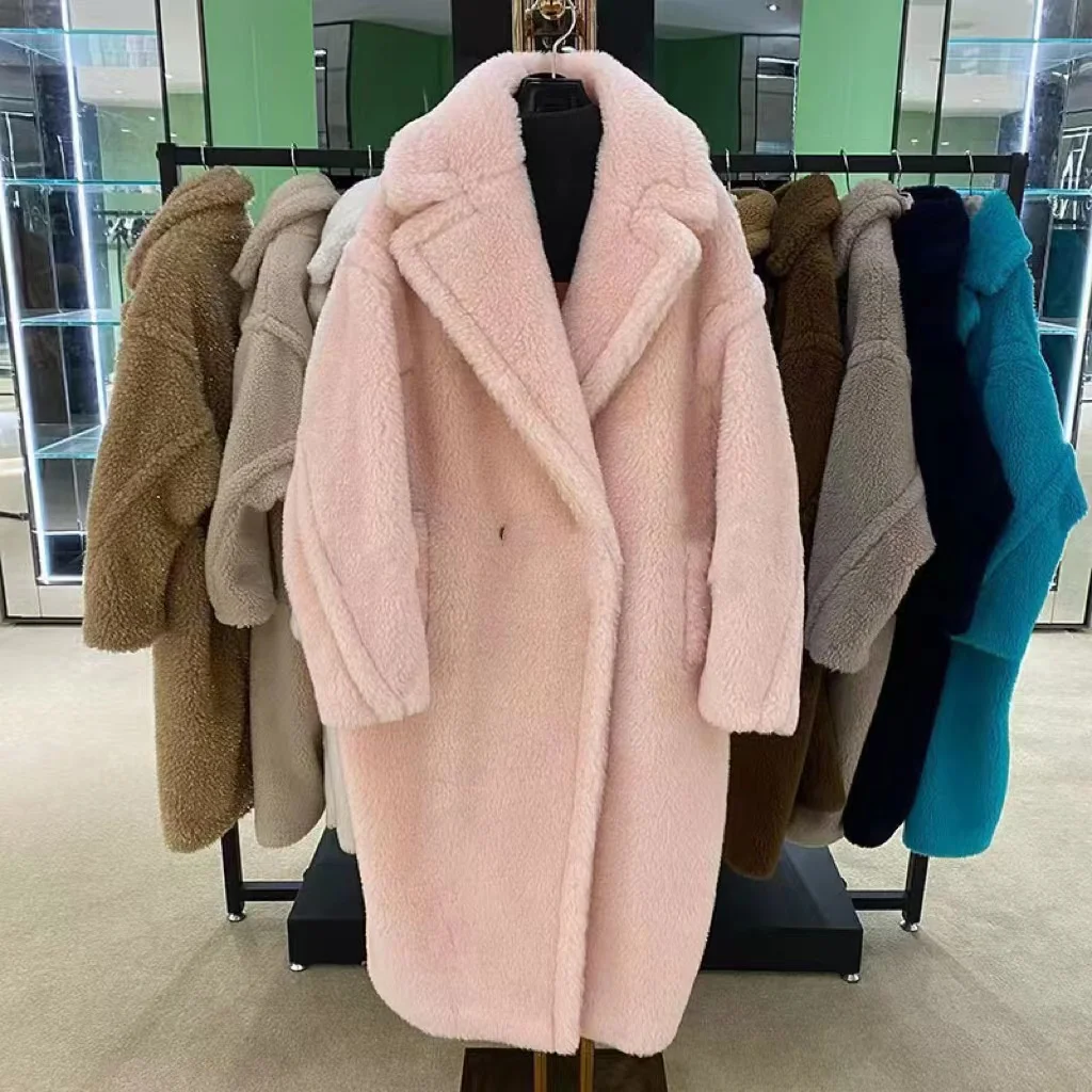 Office Lady style thick material long style faux teddy fur coat