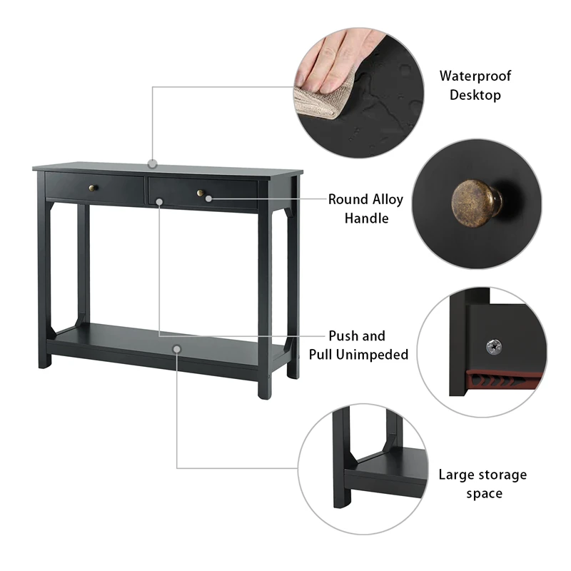 Modern espresso wooden console table luxury home furnishings easy to build hallway console table with shelving and drawers