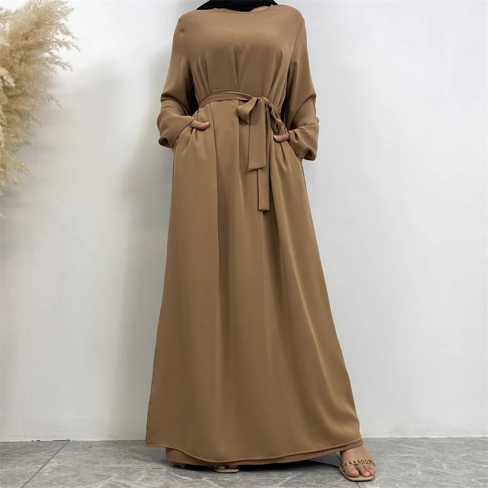 6597# Modest Fashion Muslim Long Dress with Side Pockets Nida Fabric Solid Color Women Clothing