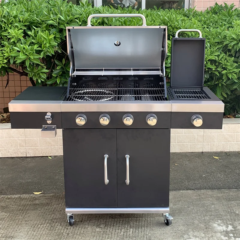 Stainless Steel 4-Burner Cart Style Perfect Patio Garden Picnic Backyard Barbecue Grill with Side Tables Gas Grill