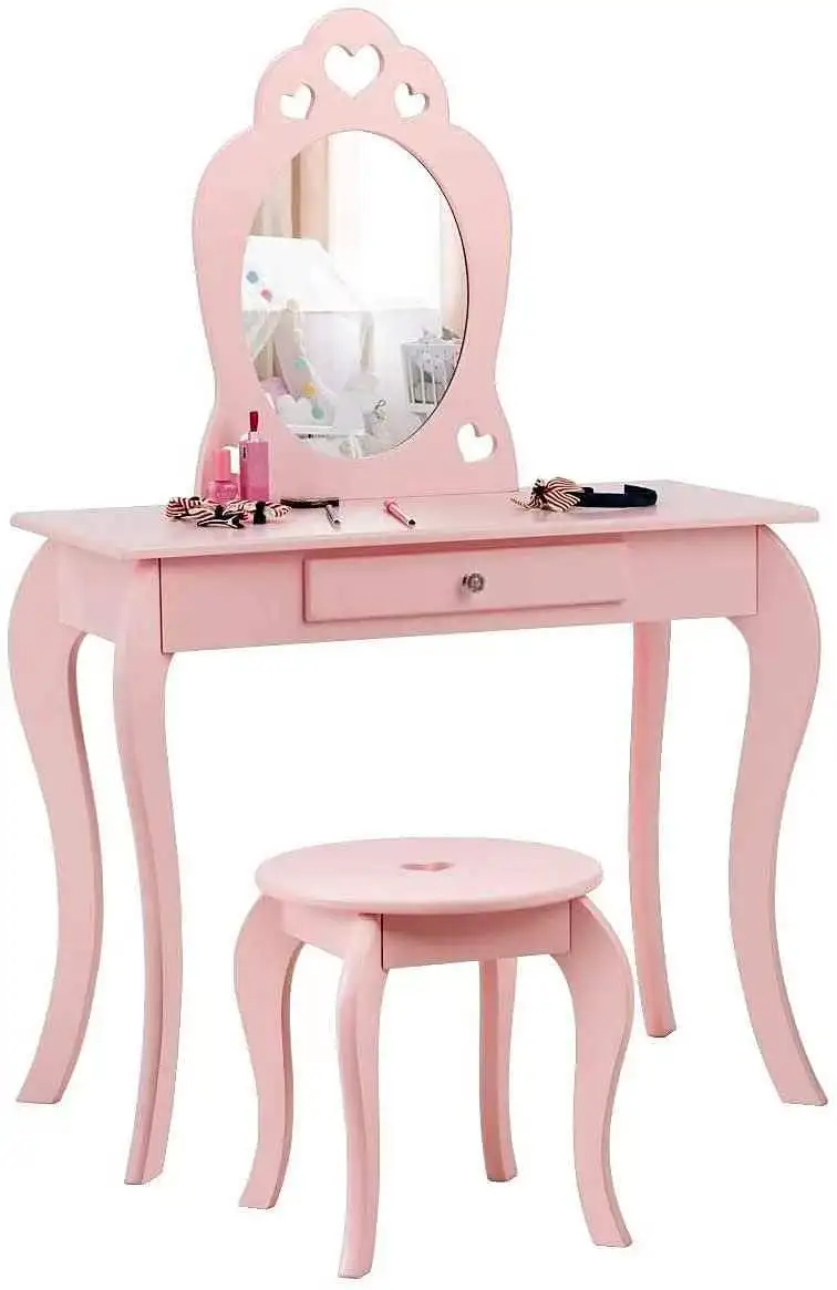 Kids Vanity Set with Mirror Children Dressing Table  Stool Set for Girls Makeup Vanities Wooden Dressing Table Baby Furniture