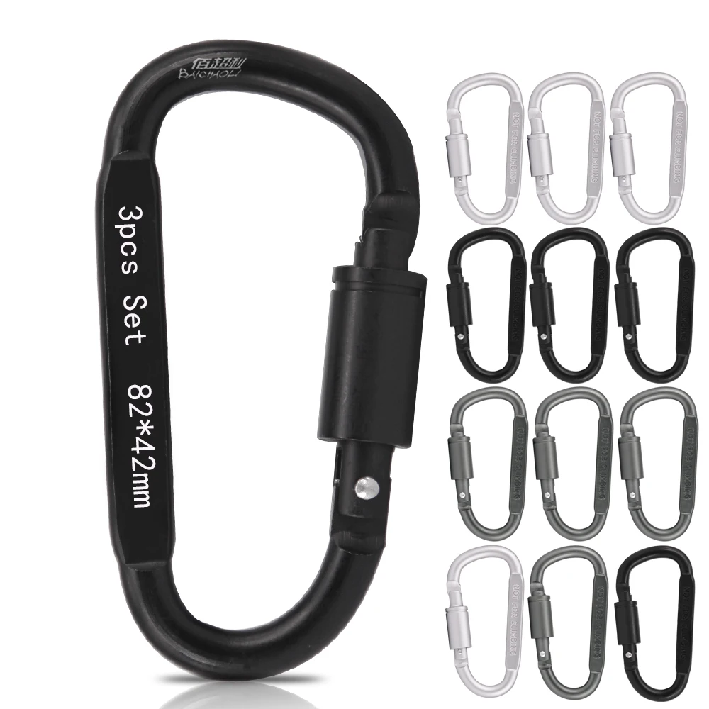3pcs set 8# D shaped 82*42mm snap aluminium alloy metal screw locking key chain flat full black carabiner hook