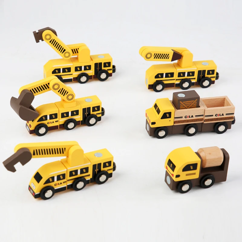 Hot sale creative magnetic  DIY self-assembled engineering vehicle car track wooden block sets for kids gifts toys